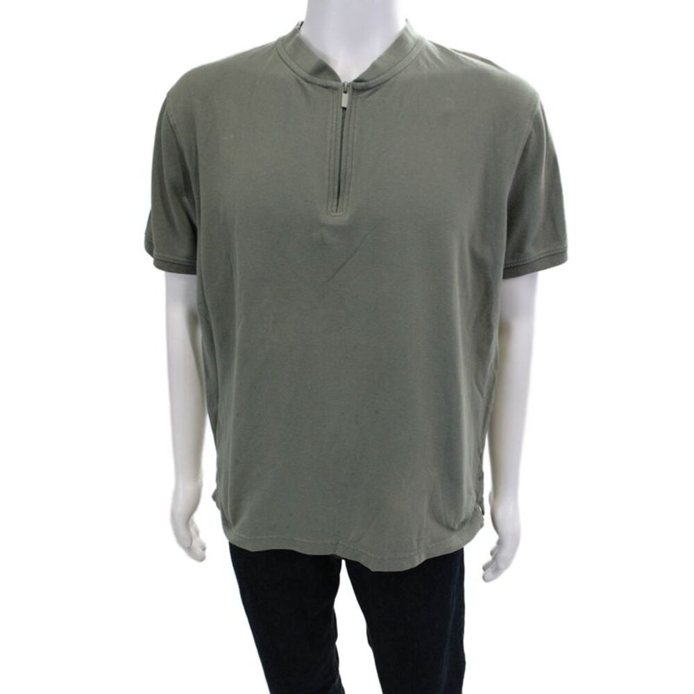 Zara Men Band T-Shirt Green Mock Neck Short Sleeve Army Zip Size L